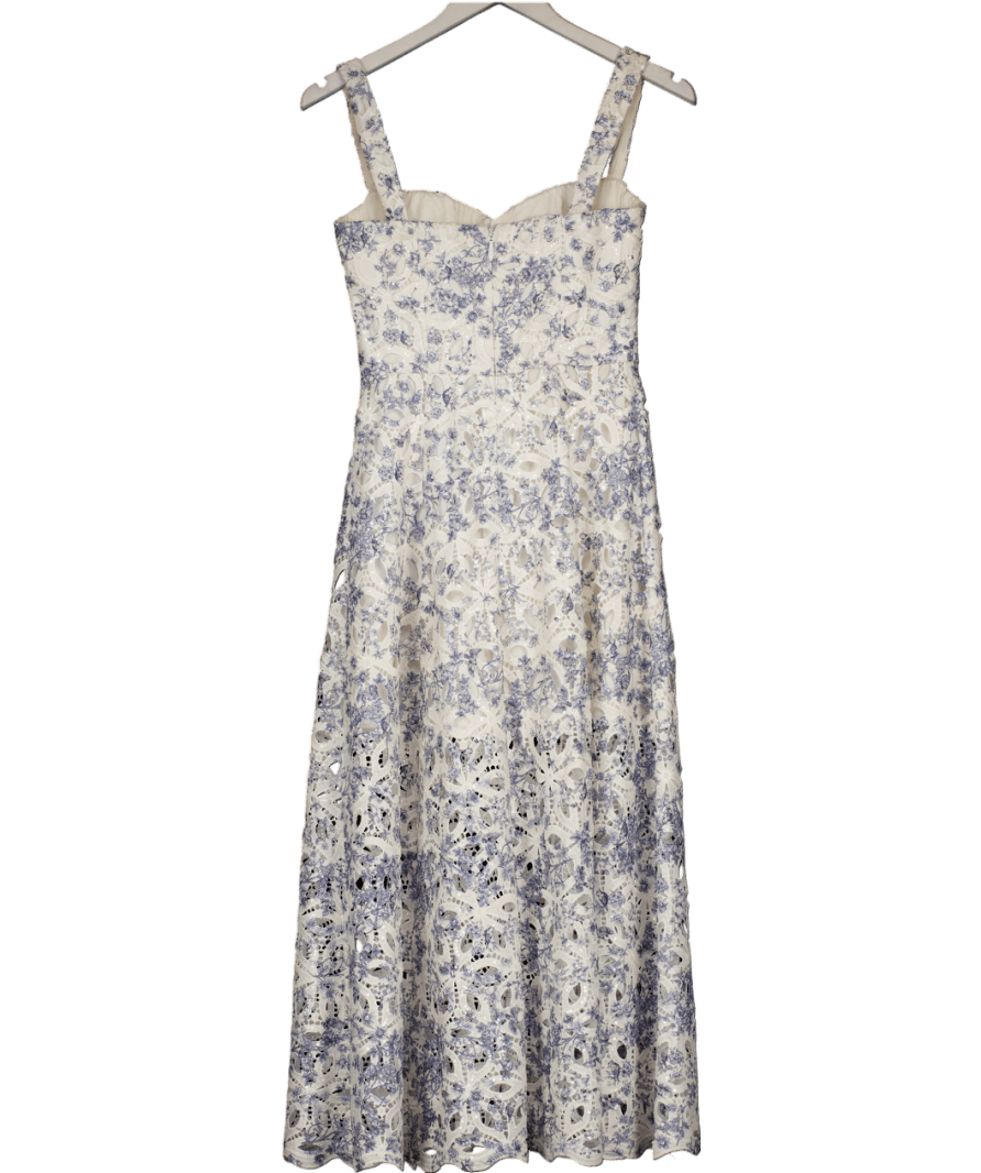 Lavish Alice Cream Sequin Broderie Midi Dress In Blue Porcelain Print UK 8 - Reliked