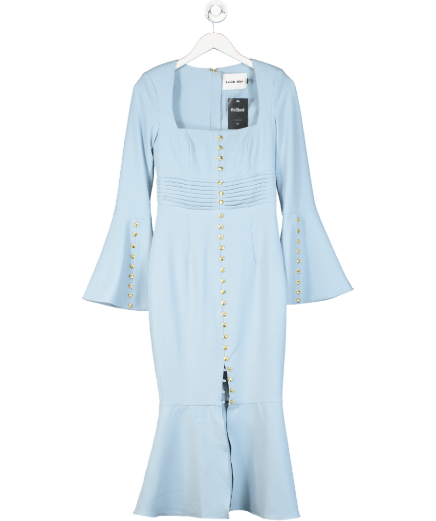 Lavish Alice Serena Fluted Sleeve Micro Shell Button Midi Dress In Light Blue UK 6 - Reliked