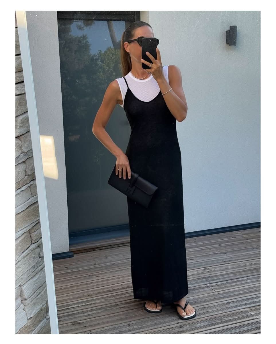 Leset Black & White Rozzi V Neck Muscle Maxi Dress UK S - Reliked