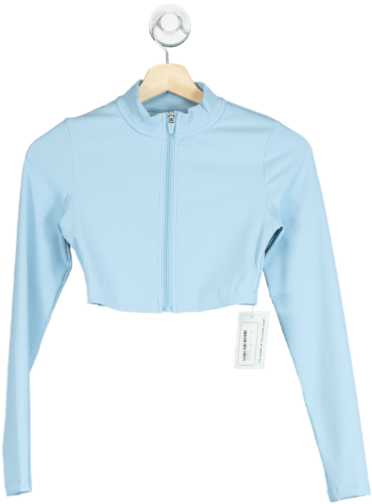 Light Blue Ribbed Cropped Zip - Up Jacket UK S - Reliked