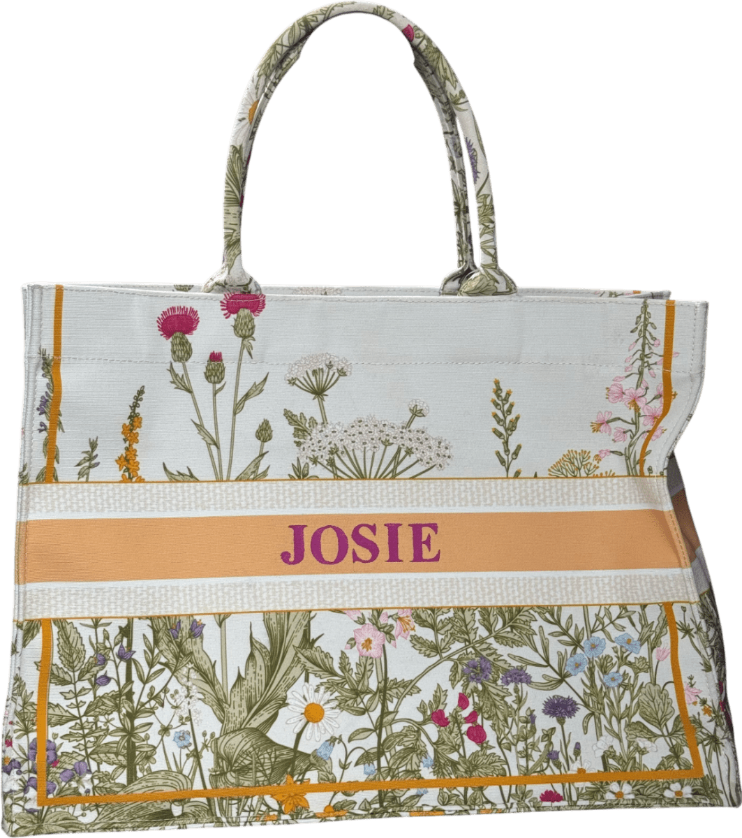 Lily & Bean White Personalised "JOSIE" Flower Tote Book Bag - Reliked