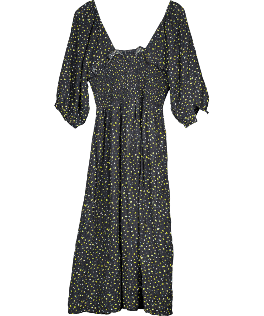 Lily & Lionel Black Ditsy Print Shirred Bodice Midi Dress UK L - Reliked