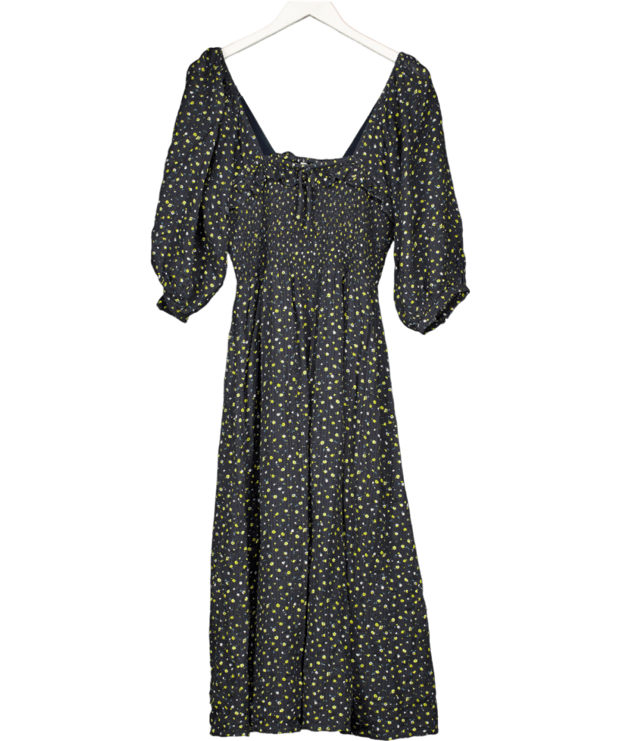 Lily & Lionel Black Ditsy Print Shirred Bodice Midi Dress UK L - Reliked