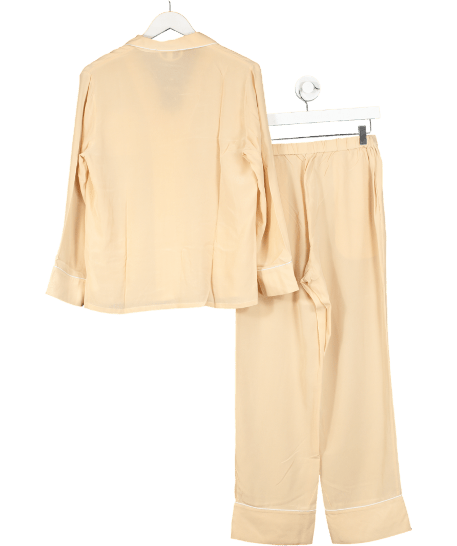 Lily Silk Pink Piping Button - uplong Sleeves Pajama Set UK XS - Reliked