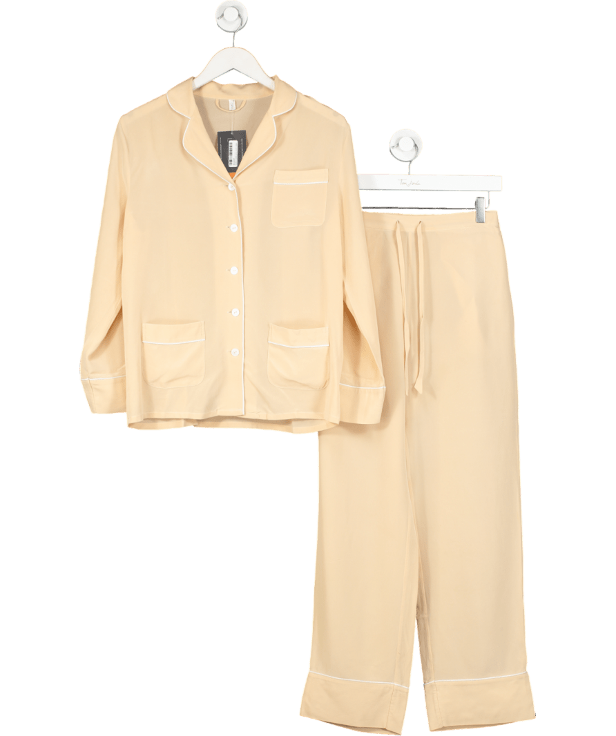 Lily Silk Pink Piping Button - uplong Sleeves Pajama Set UK XS - Reliked