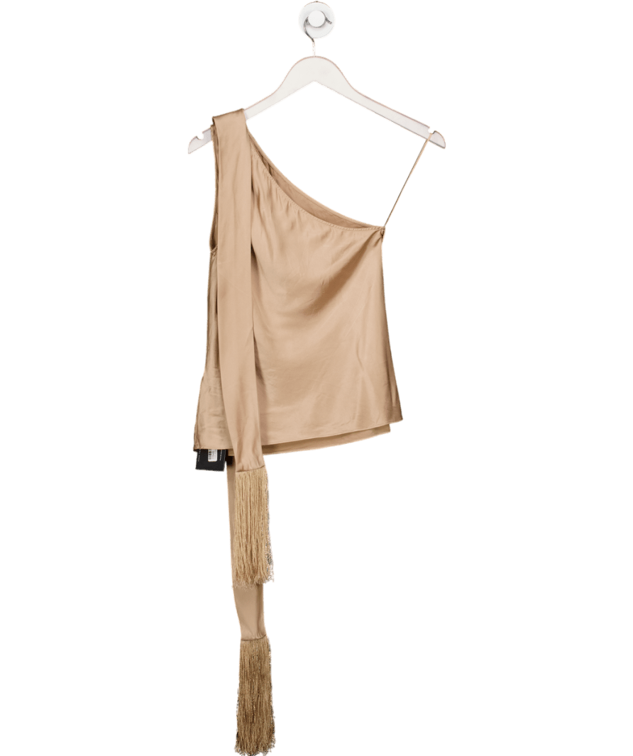 LILYSILK Beige 100% Silk One - shoulder Top With Tassel Scarf UK 6 - Reliked