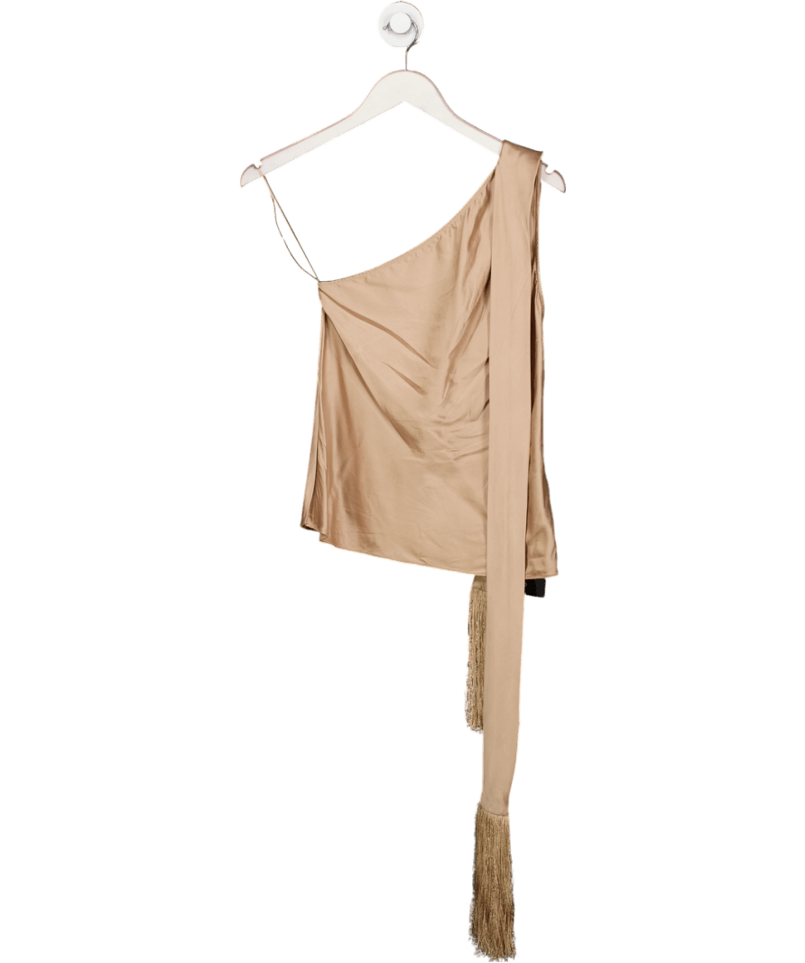 LILYSILK Beige 100% Silk One - shoulder Top With Tassel Scarf UK 6 - Reliked