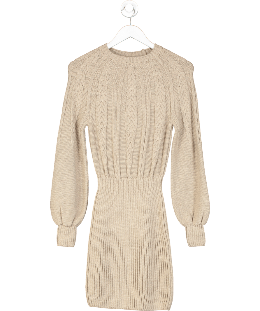 Lipsy Beige Blouson Sleeve Cable Knitted Crew Neck Jumper Dress UK 8 - Reliked
