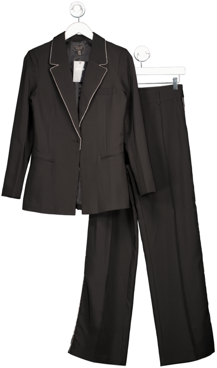 Lipsy Black 2 - pieceblack Rhinestone Tailored Blazer & Wide Leg Trouser Suit UK 8 - Reliked