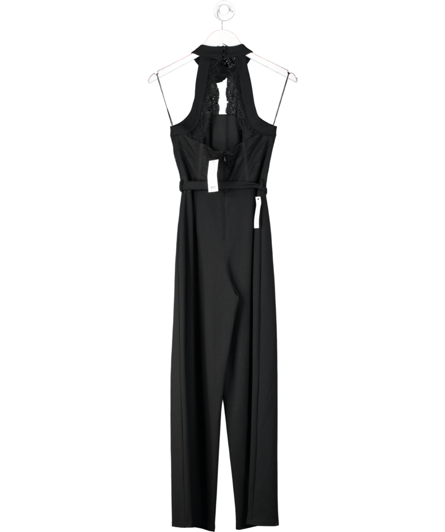 LIPSY Black Halter Neck Belted Corsage Wide Leg Lace Jumpsuit UK 8 - Reliked