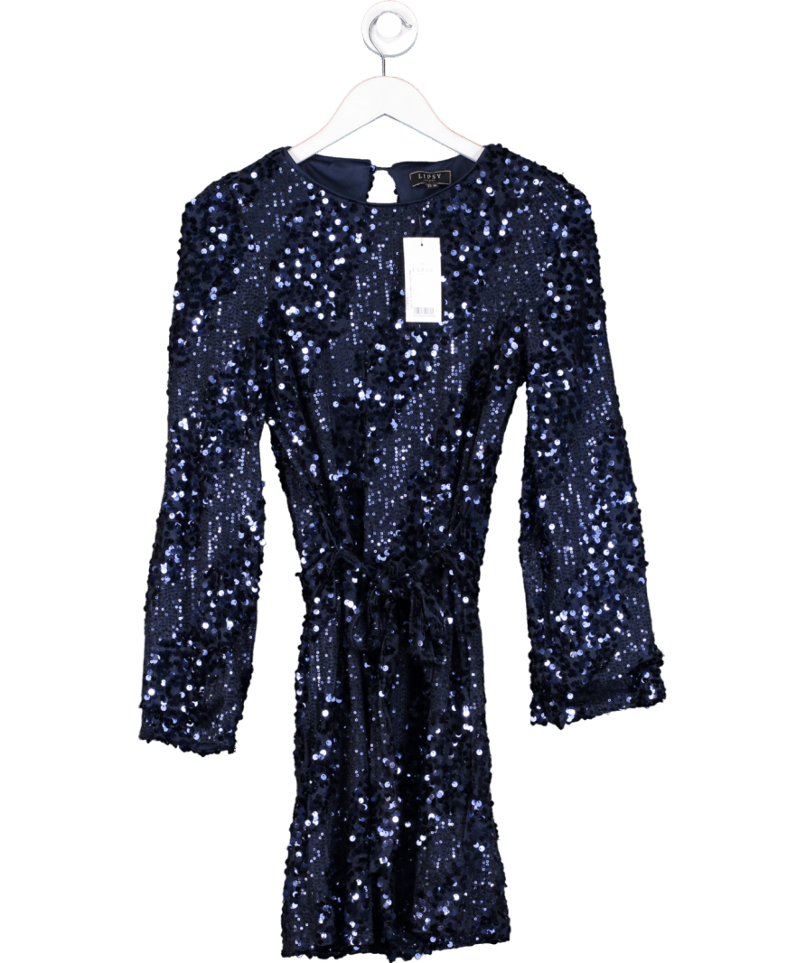 Lipsy Blue Long Sleeve Belted Sequin Mini Dress UK 8 - Reliked