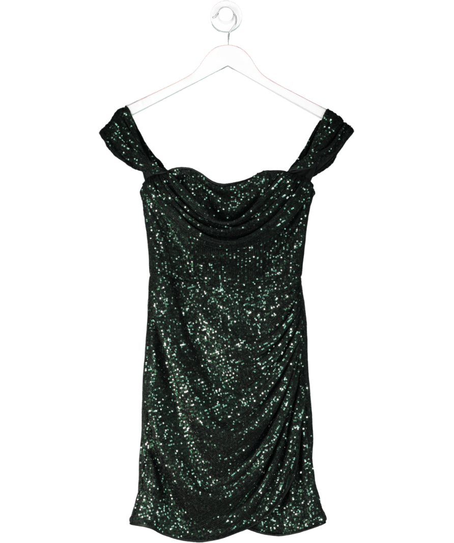 Lipsy Green Sequin Bardot Split Wrap Mini Dress UK 10 - Reliked