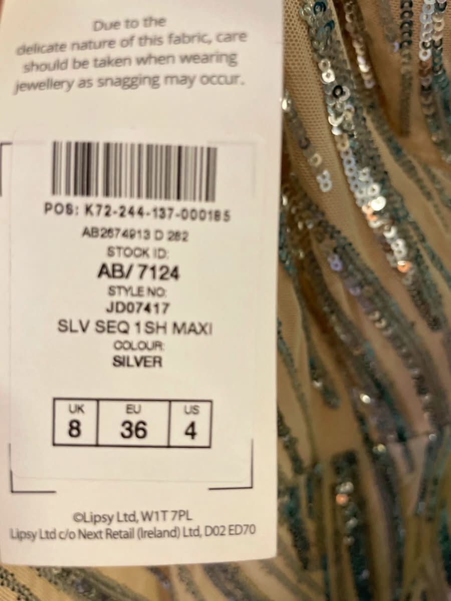 Lipsy Silver Sequin One Shoulder Maxi Dress UK 8 - Reliked