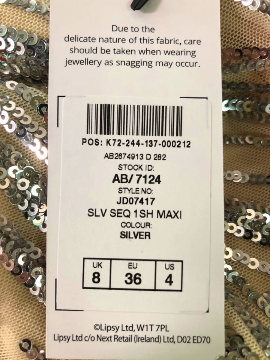 Lipsy Silver Sequin One Shoulder Maxi Dress UK 8 - Reliked