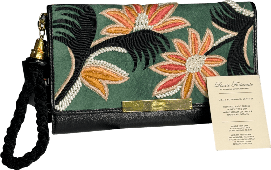 LIZZIE FORTUNATO Lily Opera Black Leather Hand Embroidered Clutch Bag - Reliked