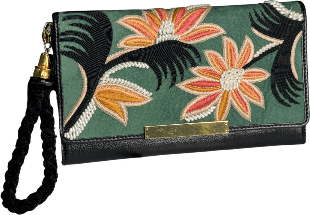 LIZZIE FORTUNATO Lily Opera Black Leather Hand Embroidered Clutch Bag - Reliked