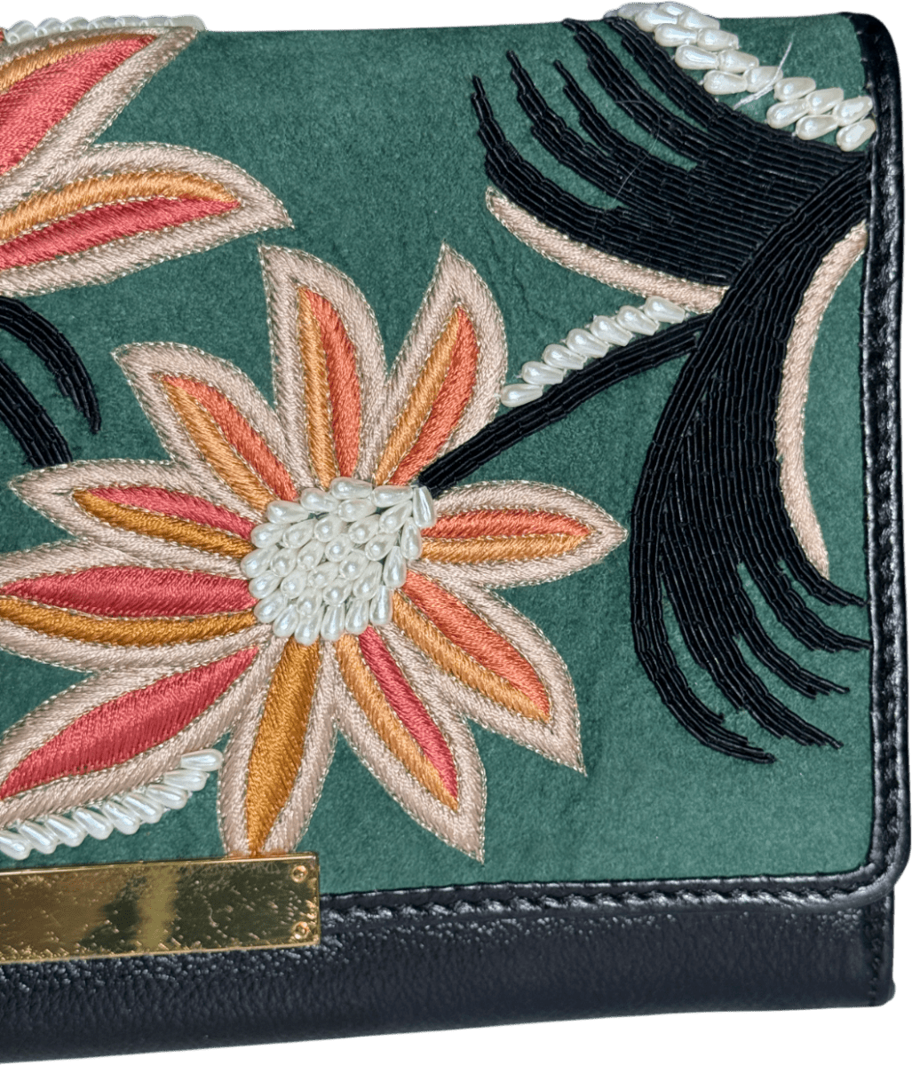 LIZZIE FORTUNATO Lily Opera Black Leather Hand Embroidered Clutch Bag - Reliked