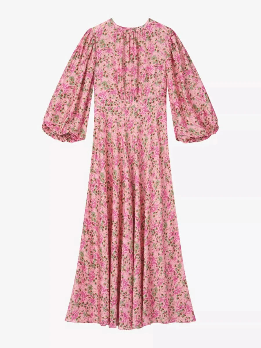 LK Bennett Pin kLois meadow - print balloon - sleeve silk - blend midi dress UK 8 - Reliked