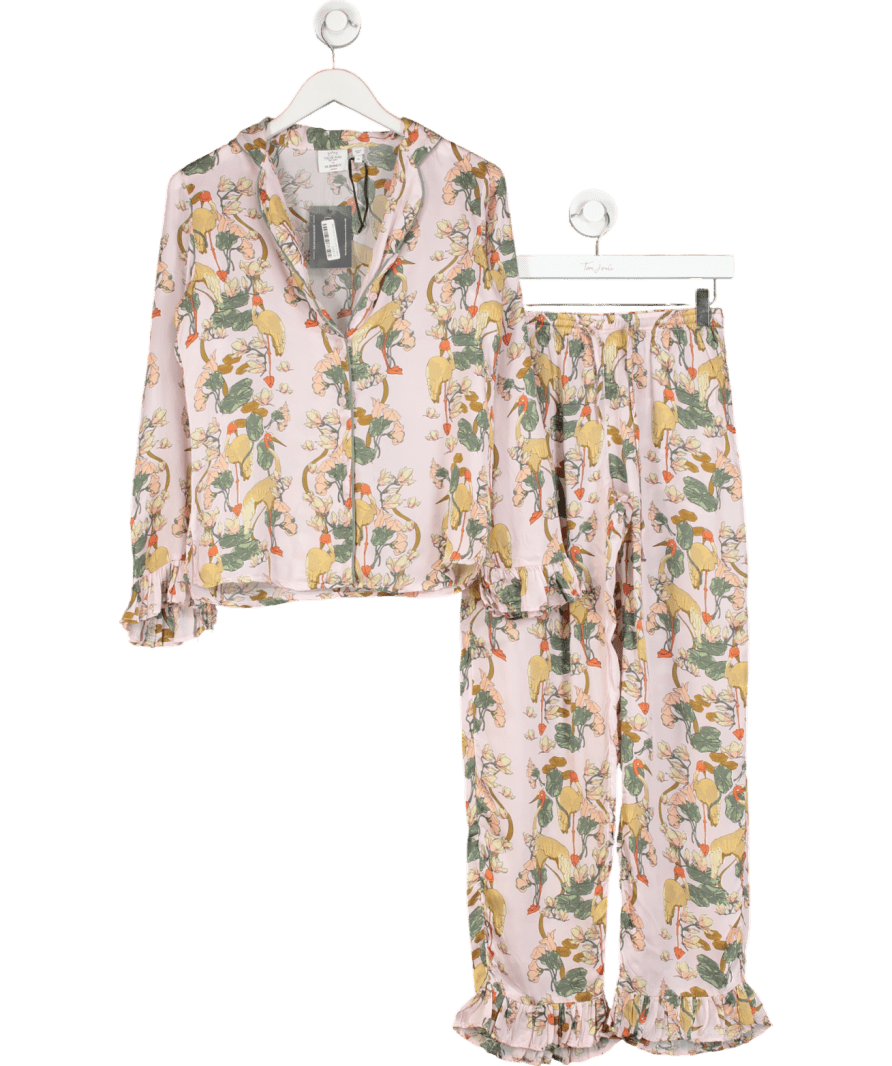 LK Bennett Sarus Pink Satin Crane Print Pyjama Set UK XS - Reliked