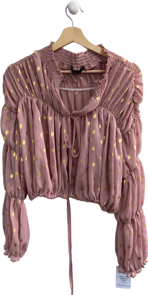 L'Olive Verte Pink and Gold Polka Dot Sheer Smocked Blouse Size S - Reliked