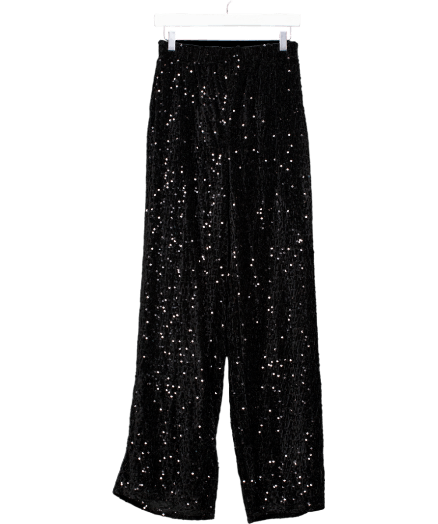 Long Tall Sally Tall Black Sequin Wide Leg Trousers UK 8 - Reliked
