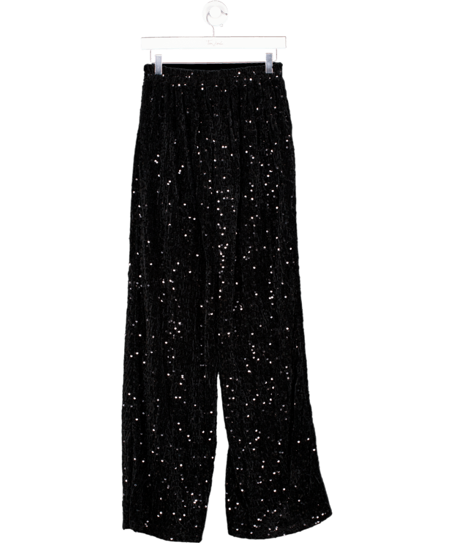 Long Tall Sally Tall Black Sequin Wide Leg Trousers UK 8 - Reliked