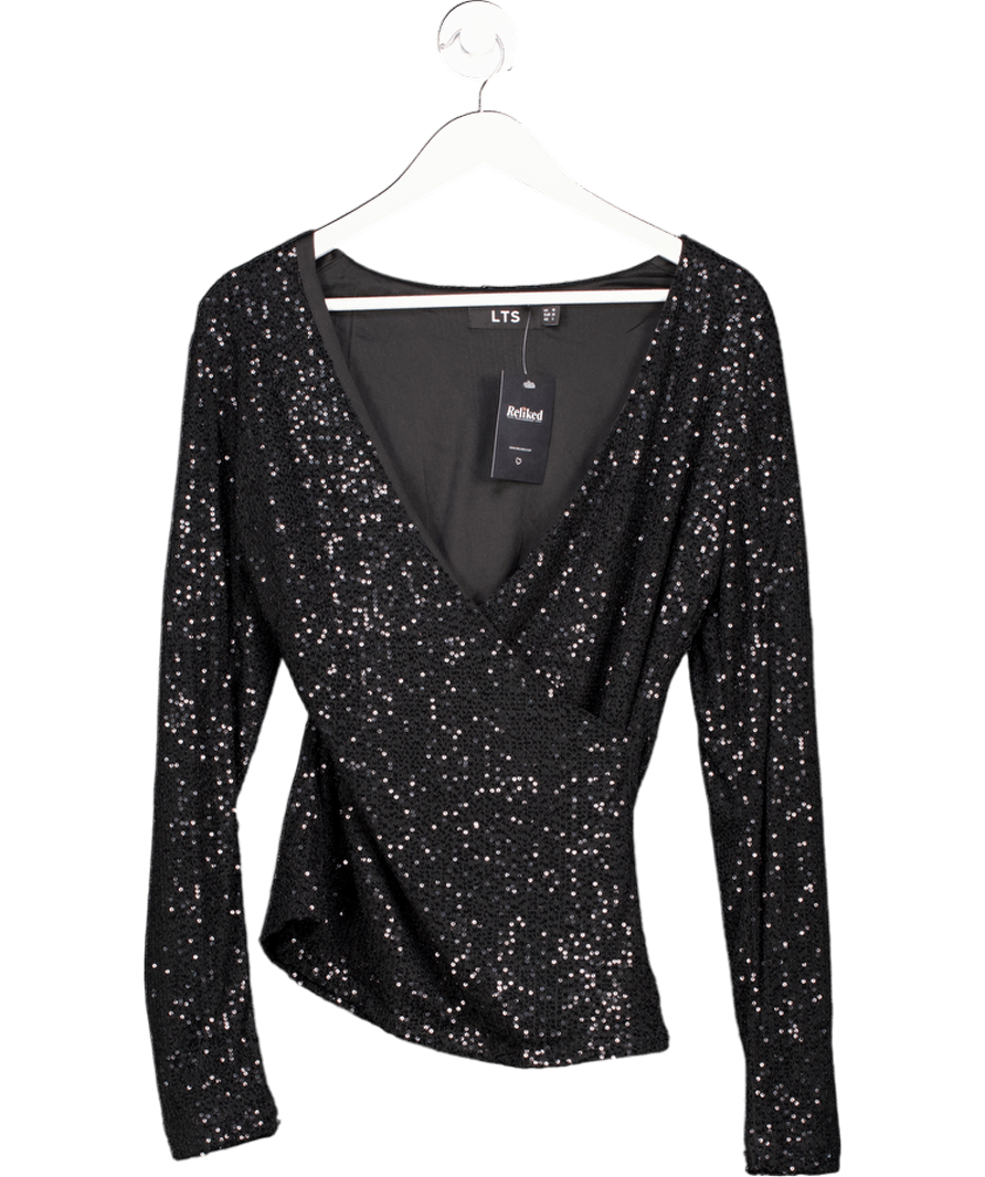 Long Tall Sally Tall Black Sequin Wrap Top UK 10 - Reliked