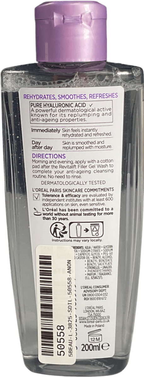 loreal Revitalift Filler [+hyaluronic Acid] Face Toner 200ml - Reliked