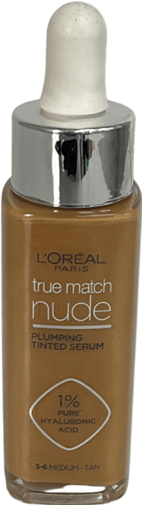 L'Oreal True Match Nude Plumping Tinted Skin Serum, 1% Hyaluronic Acid 5 - 6 Medium Tan 30ml - Reliked