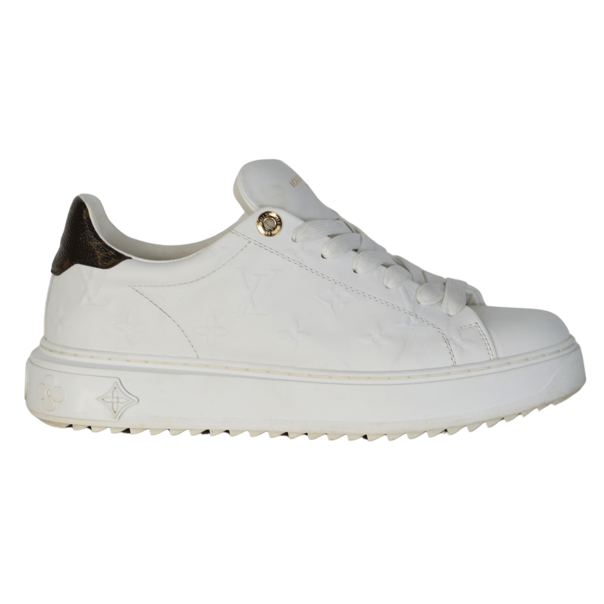 Louis Vuitton White Icon Time Out Debossed Trainers With Monogram Trim UK 4.5 EU 37.5 👠 - Reliked