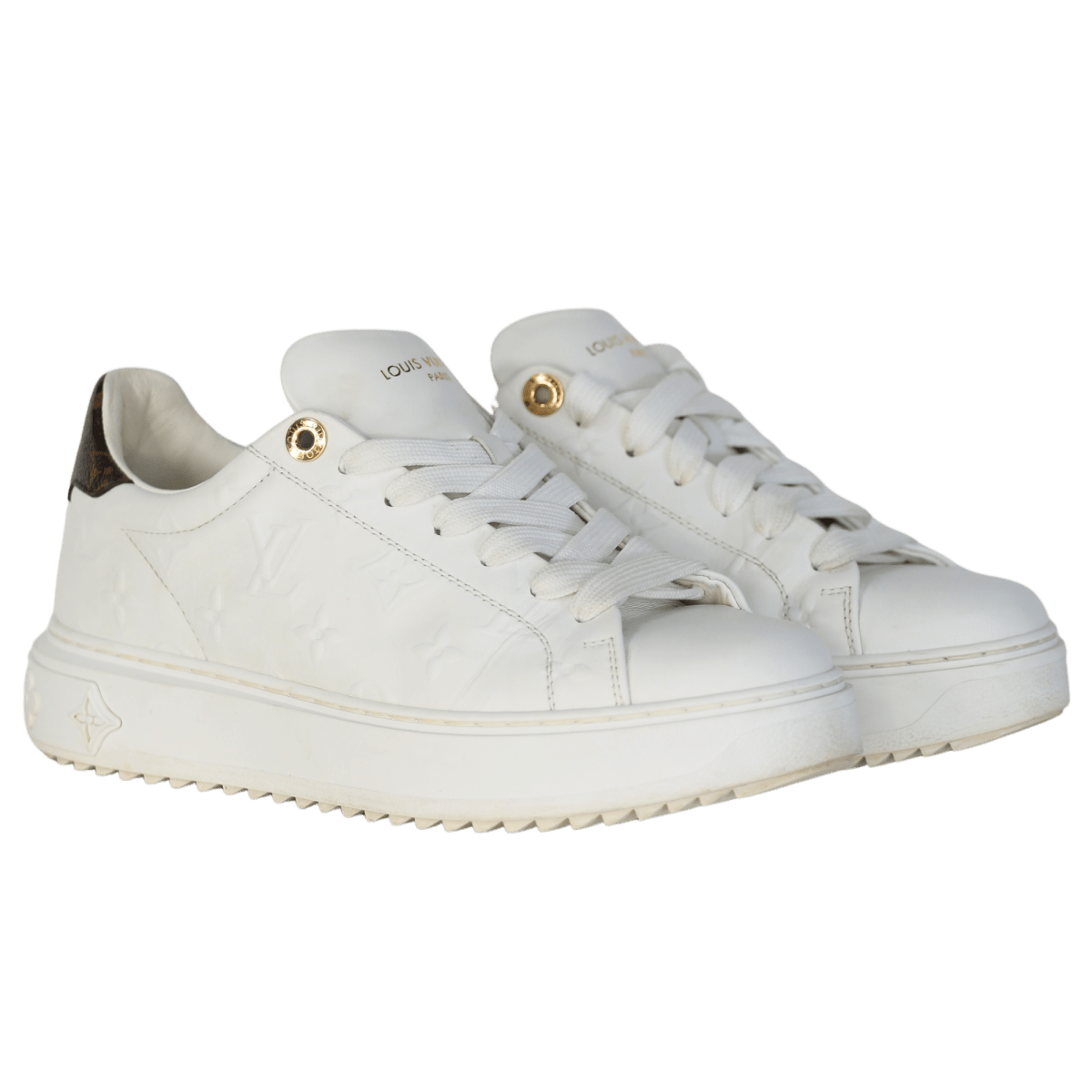 Louis Vuitton White Icon Time Out Debossed Trainers With Monogram Trim UK 4.5 EU 37.5 👠 - Reliked