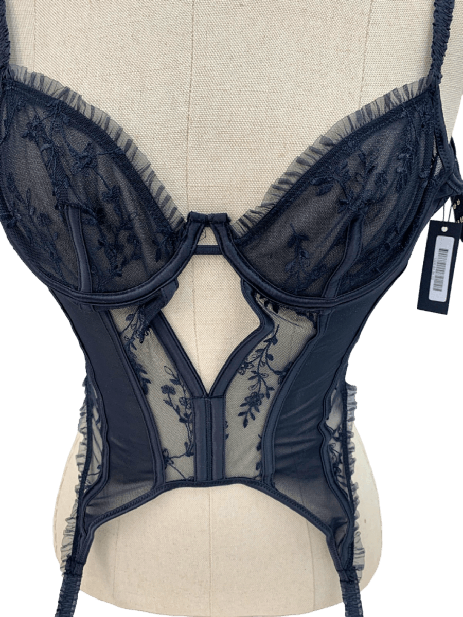 Lounge Black Gia Embroidered Sheer Corset Bodysuit XS - Reliked