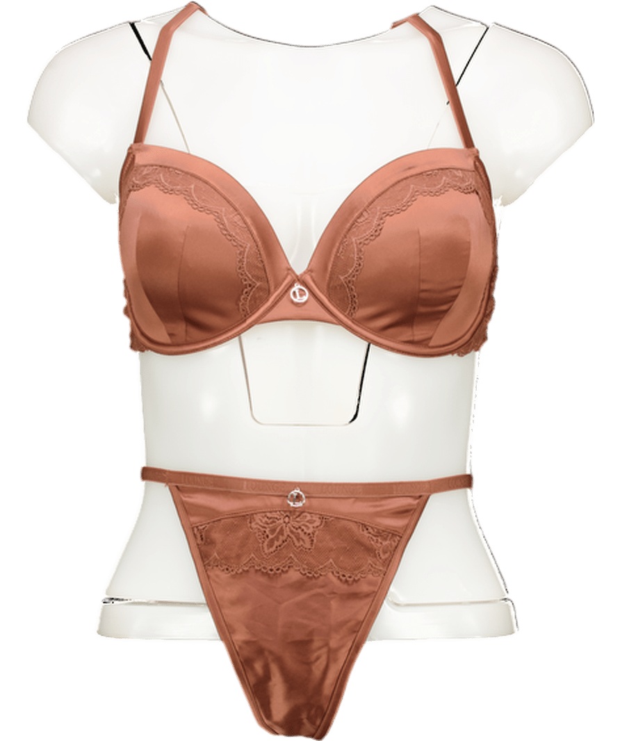 Lounge Underwear Brown Satin Lace Thong Set UK 34D - Reliked