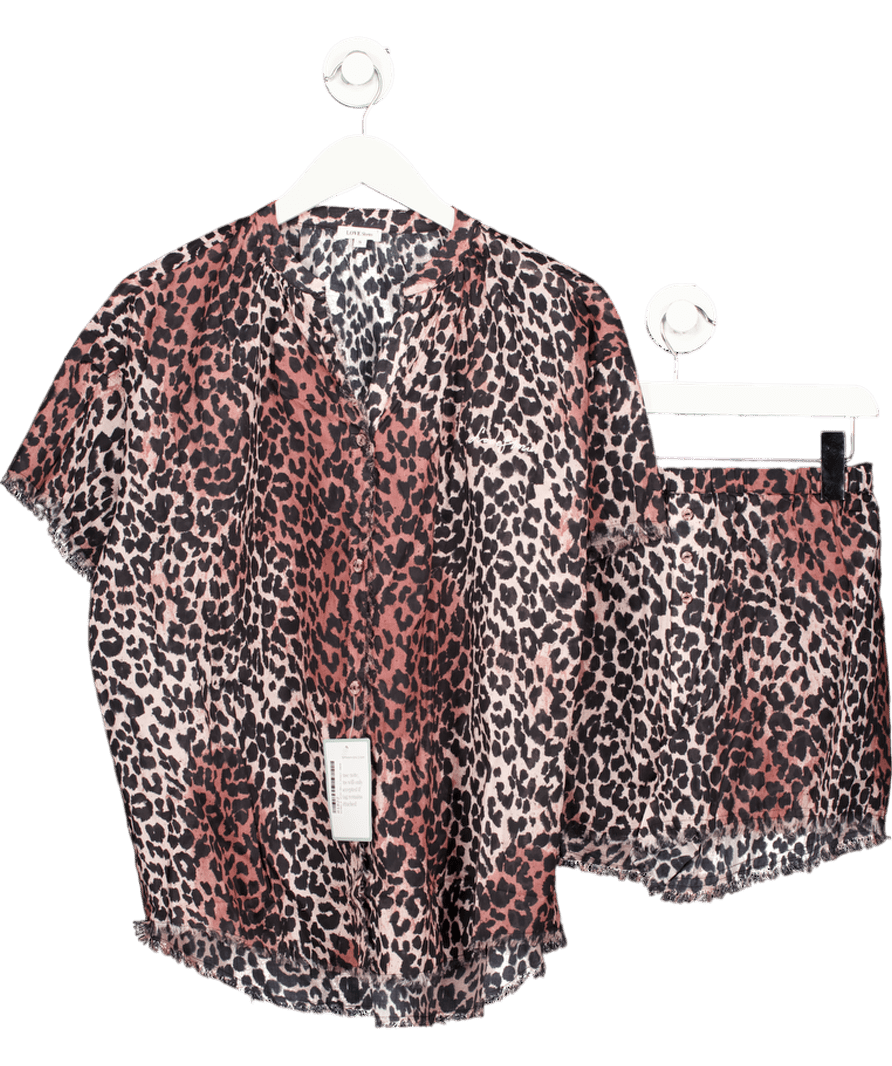 Love Stories 2 - piece Brown Leopard Print Cotton Sunday Shorts And Embroidered Logo Top Pyjama Set UK S - Reliked
