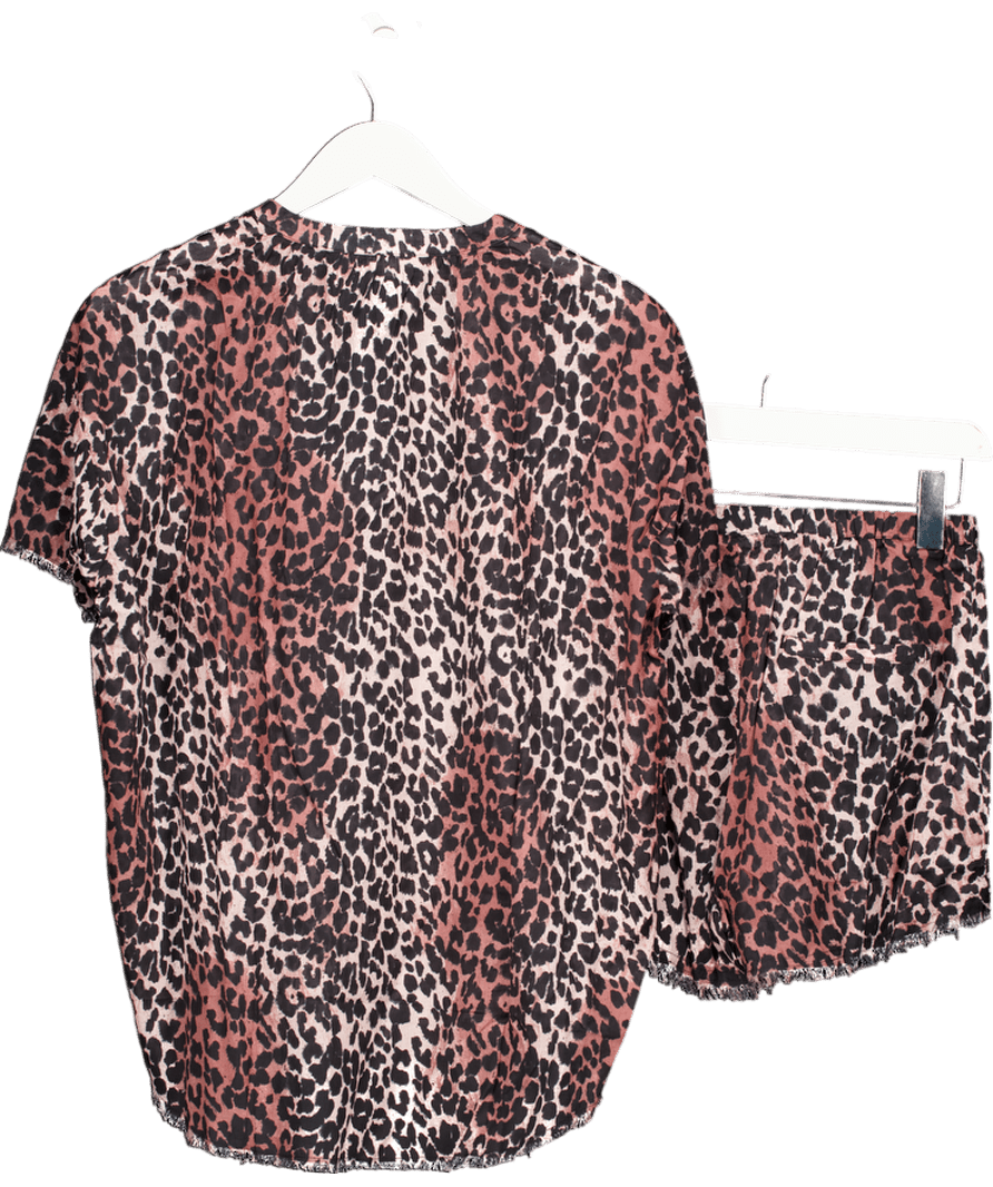 Love Stories 2 - piece Brown Leopard Print Cotton Sunday Shorts And Embroidered Logo Top Pyjama Set UK S - Reliked