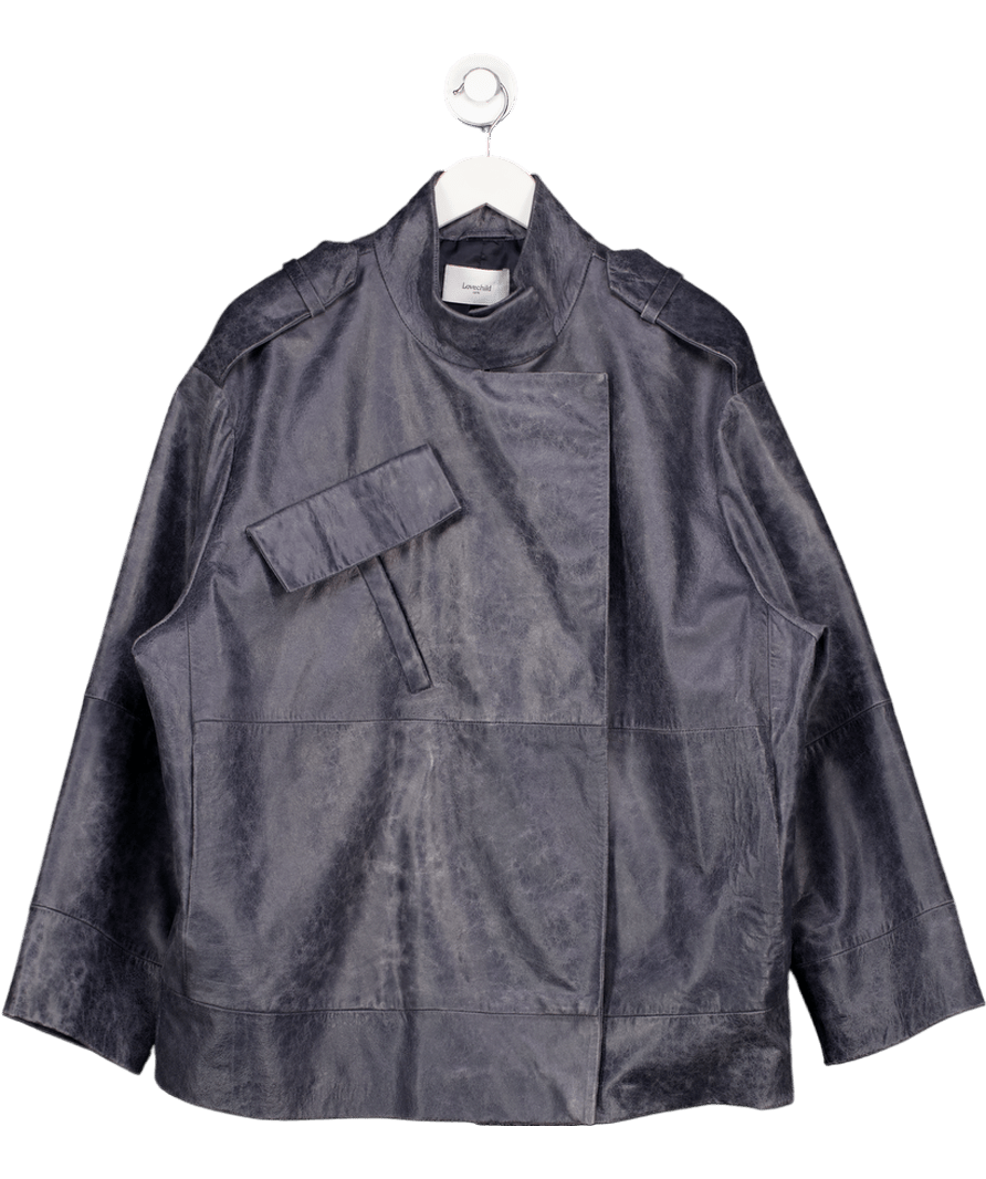 Lovechild 1979 Devonna Jacket - Dark Dusty Blue Oversized Distressed Leather Bliker Jacket UK 10 - Reliked