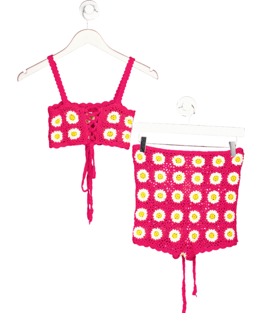 Lovers and Friends Pink 2 - piece Crochet Daisy Crop Top And Shorts Set UK XS/S - Reliked