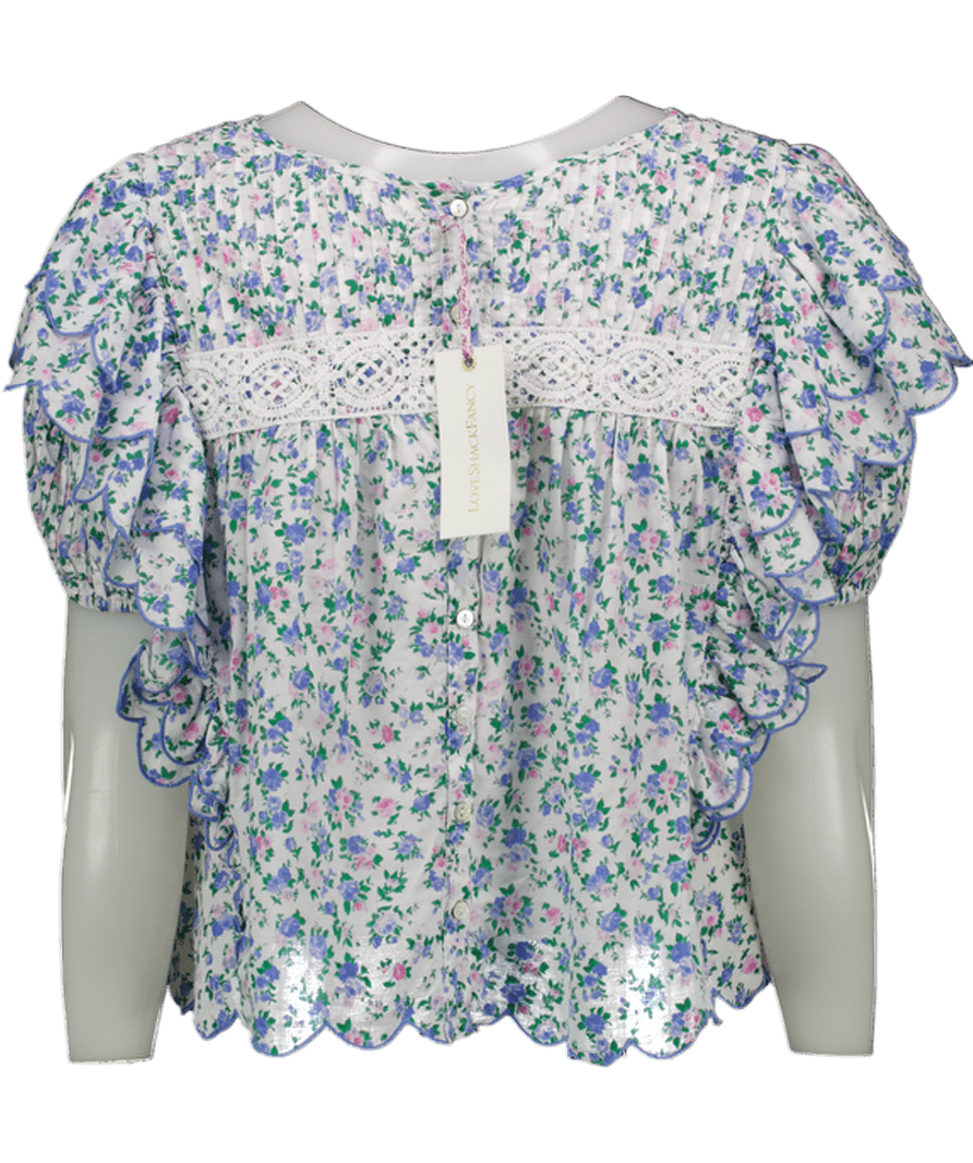 loveshackfancy White / Blue Floral Ruffle Detail NelsonTop With Scalloped Hems UK L - Reliked