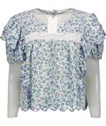 loveshackfancy White / Blue Floral Ruffle Detail NelsonTop With Scalloped Hems UK L - Reliked