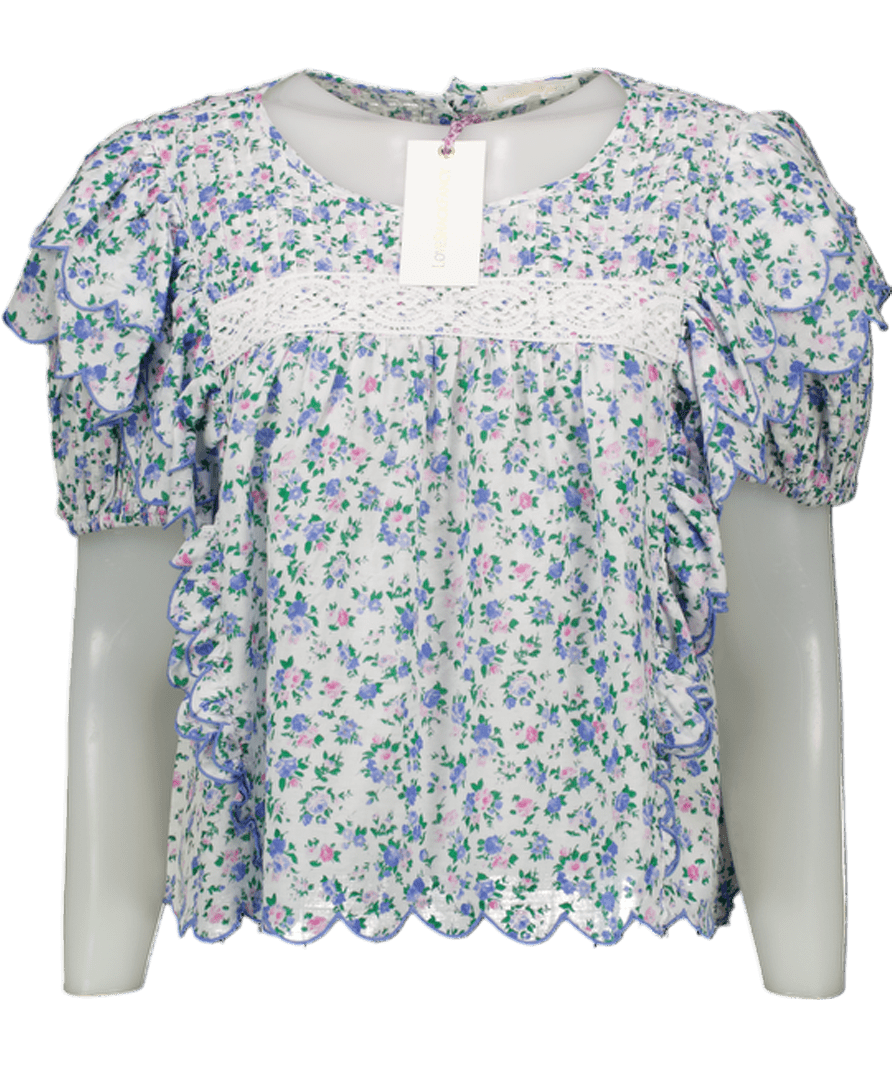 loveshackfancy White / Blue Floral Ruffle Detail NelsonTop With Scalloped Hems UK L - Reliked