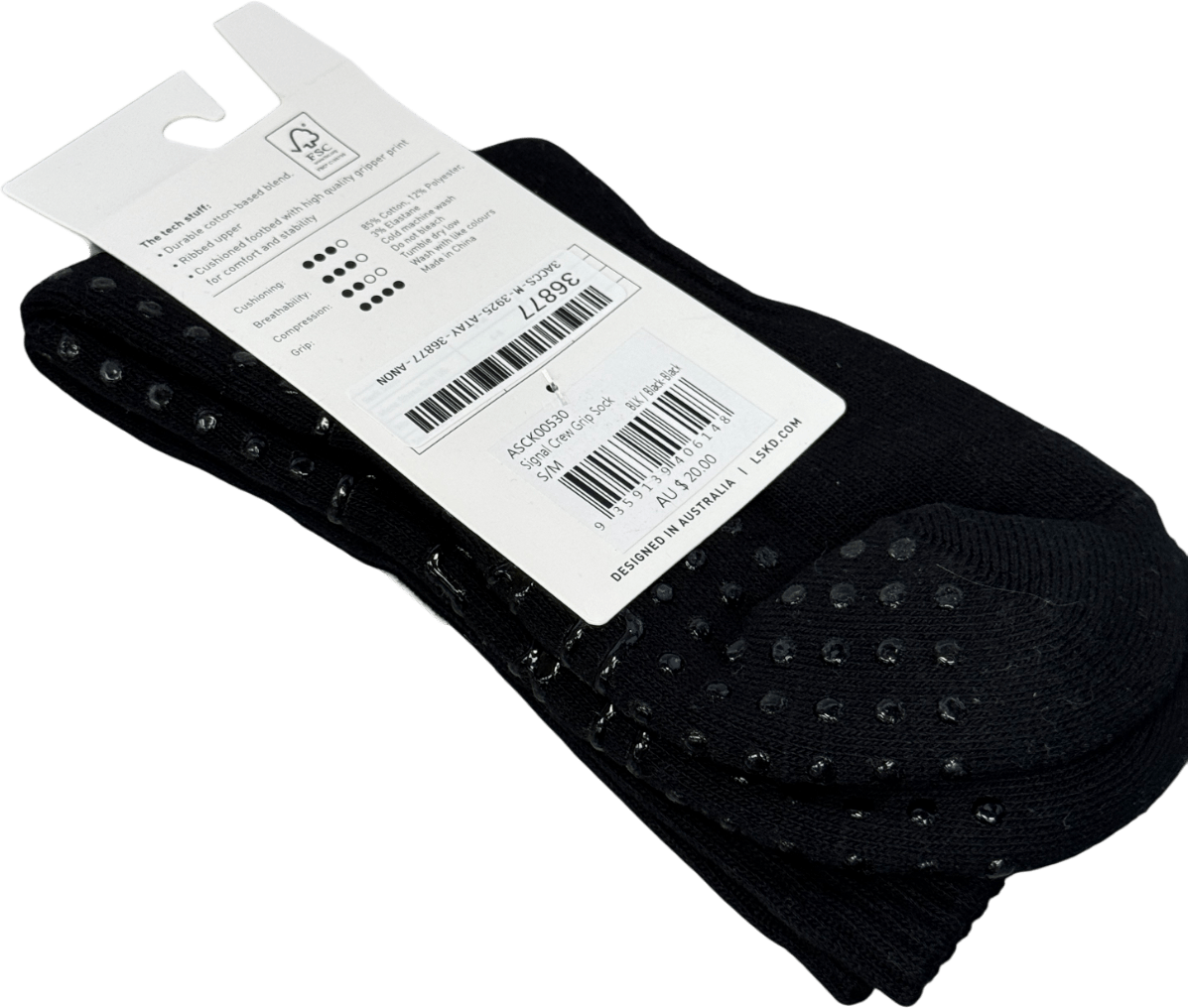 LSKD Black Signal Crew Pilates Grip Sock UK S/M - Reliked
