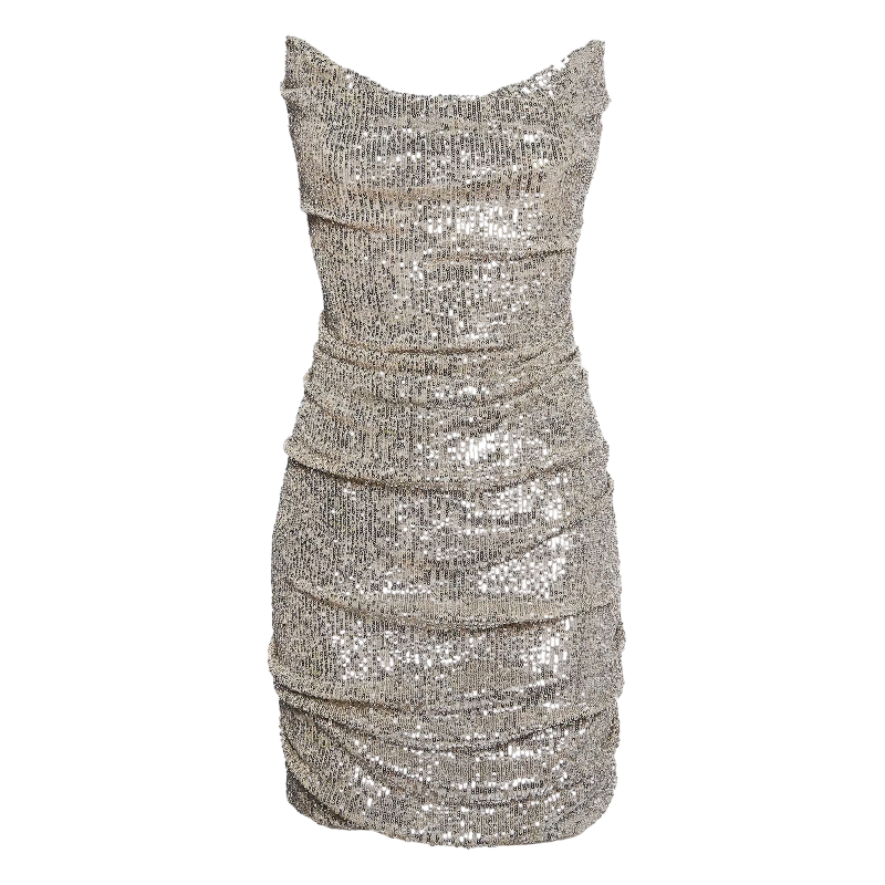 REEM ACRA Metallic Silver Sequin Ruche Strapless Mini Dress Us4 UK 8