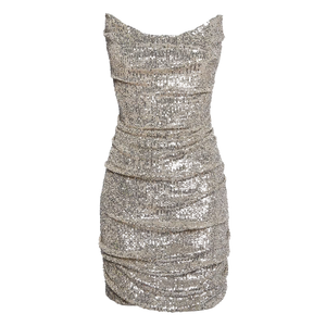 REEM ACRA Metallic Silver Sequin Ruche Strapless Mini Dress Us4 UK 8