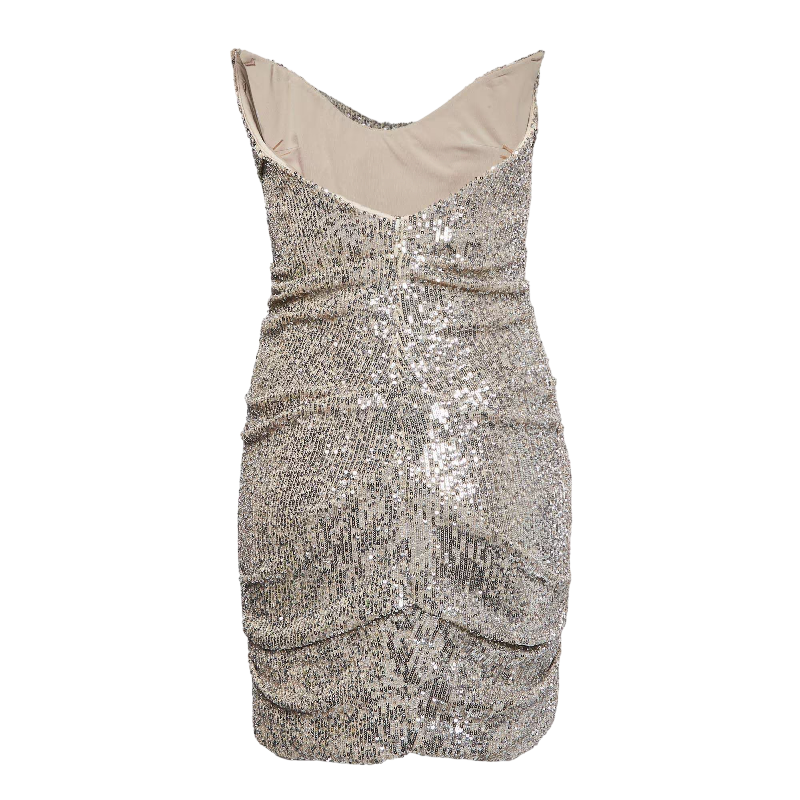 REEM ACRA Metallic Silver Sequin Ruche Strapless Mini Dress Us4 UK 8