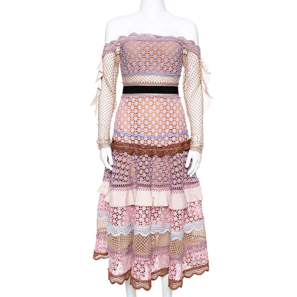 Self-Portrait Pink Guipure Lace Bellis Off Shoulder Dress UK 8