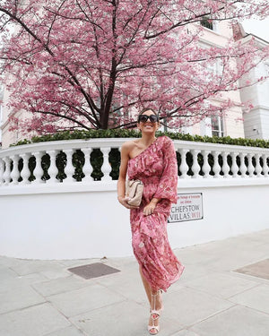 MISA Los Angeles Pink Vola One-shoulder Ruffle Midi Dress UK XS