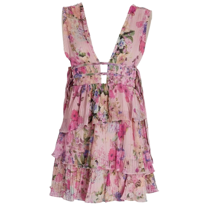 Rococo Sand Pink Floral Pattern Tiered Mini Dress UK S