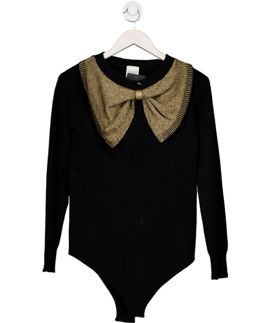 MADELEINE THOMPSON Black 100% Cashmere Gold Bow Bodysuit UK S - Reliked