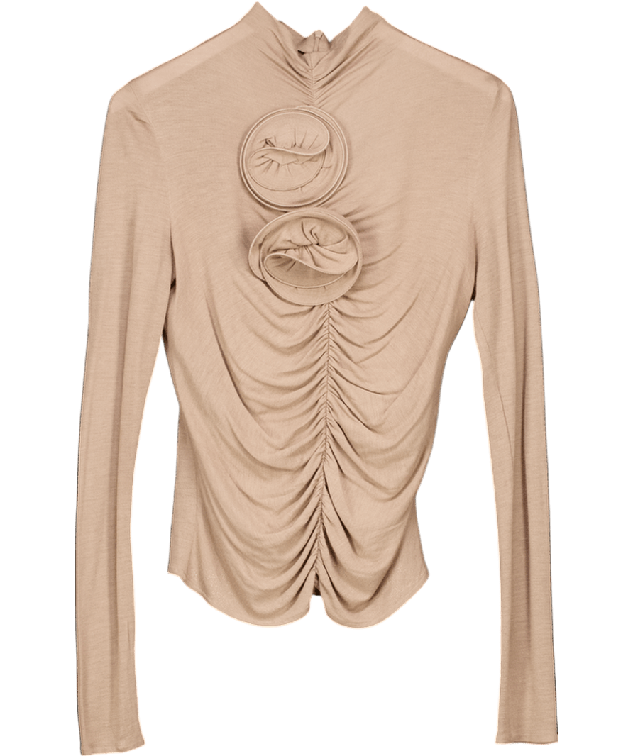 Magda Butrym Beige Ruched Floral Appliqué Turtleneck Top In Jersey UK 10 - Reliked