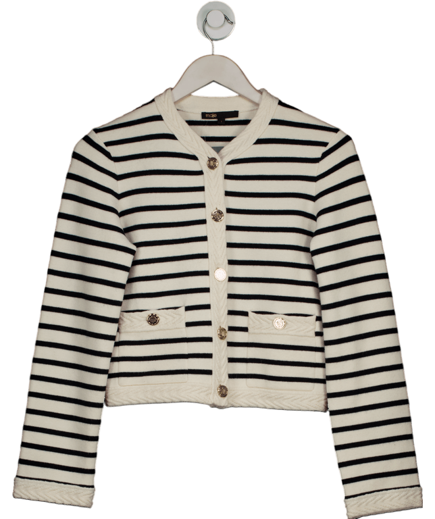 Maje Cream / Black Classic Striped Cardigan With Gold Button UK XS - Reliked